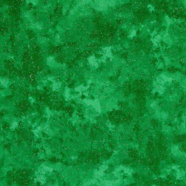 Baumwolldruck Batikoptik mit Silberglitzersprengel auf Grün